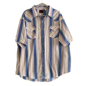 VTG Plains Western Wear BIG MAN Shirt SS Snap Front Stripe Blue Pink Chest Pocke